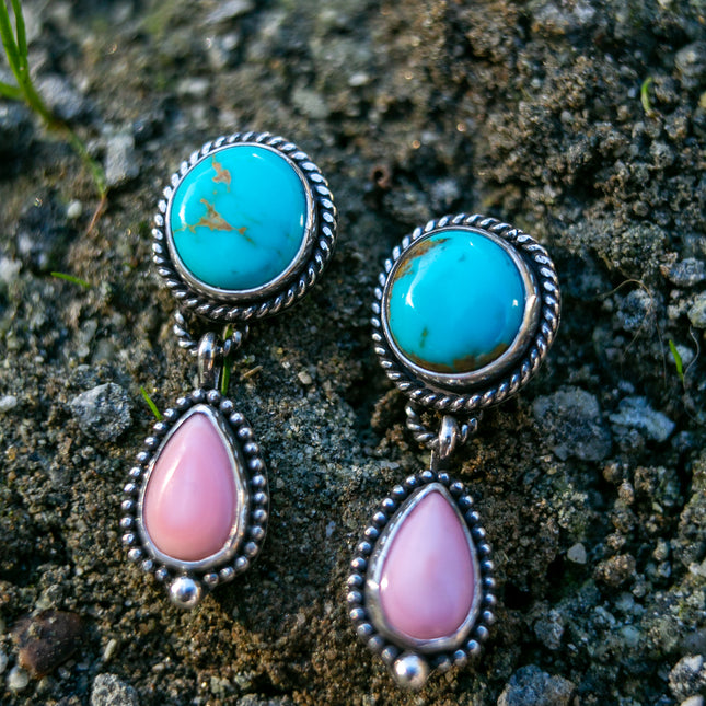Sonoran Turquoise and Pink Conch Dangle Earrings