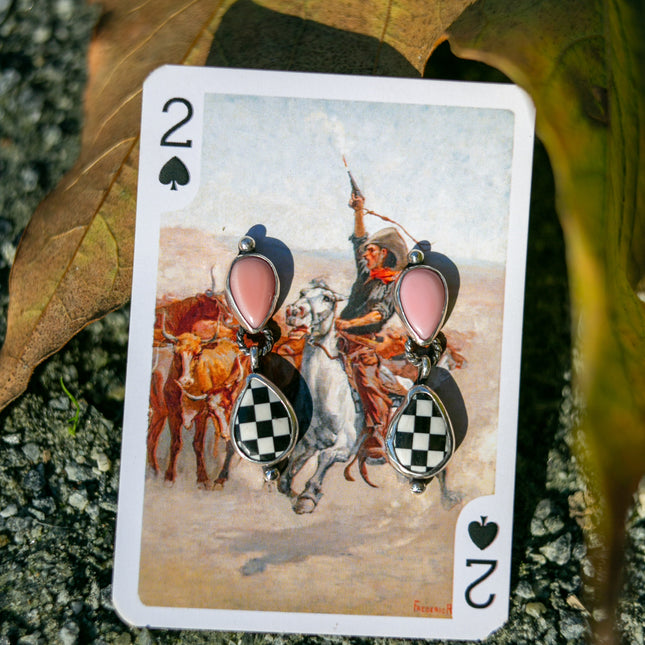 Pink Conch & Checker Dangle Earrings