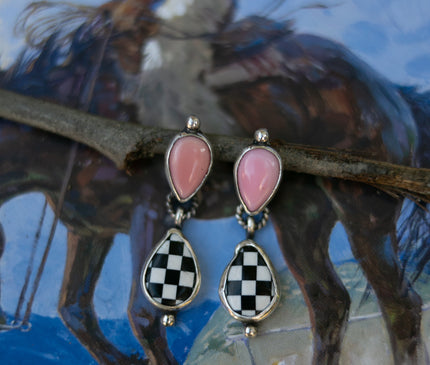 Pink Conch & Checker Dangle Earrings