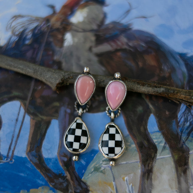 Pink Conch & Checker Dangle Earrings