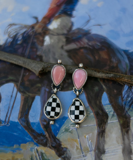 Pink Conch & Checker Dangle Earrings