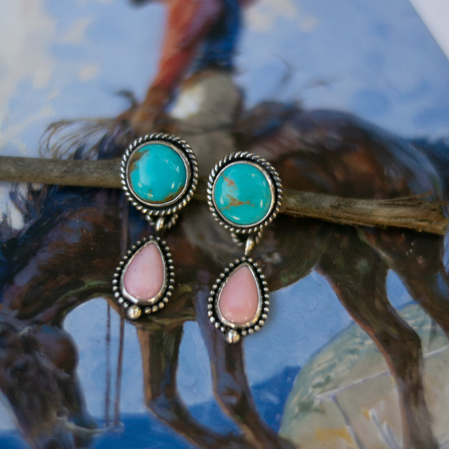 Sonoran Turquoise and Pink Conch Dangle Earrings