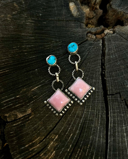 Kingman Turquoise & Pink Conch Dangle Earrings