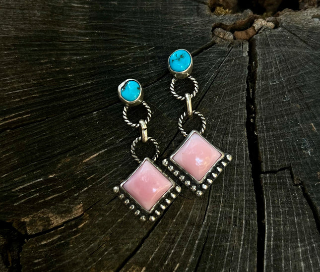 Kingman Turquoise & Pink Conch Dangle Earrings