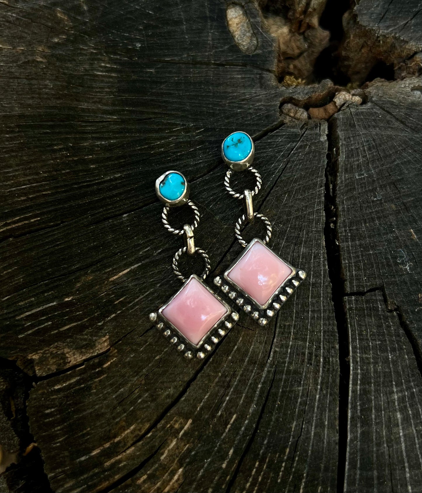 Kingman Turquoise & Pink Conch Dangle Earrings