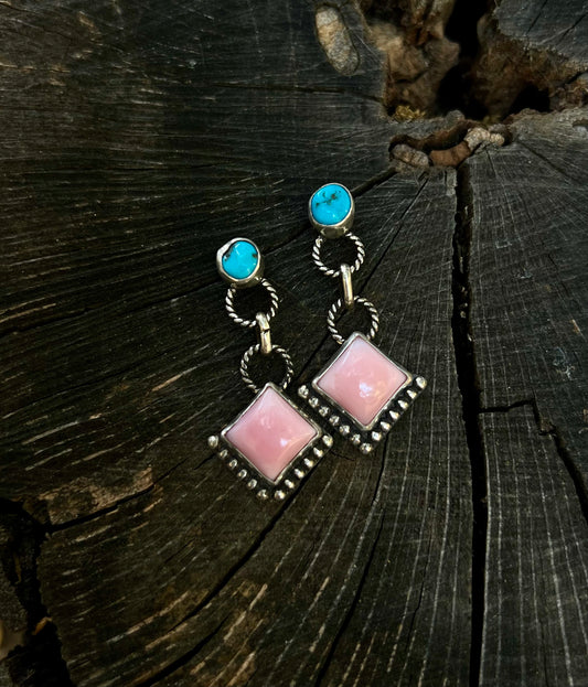 Kingman Turquoise & Pink Conch Dangle Earrings